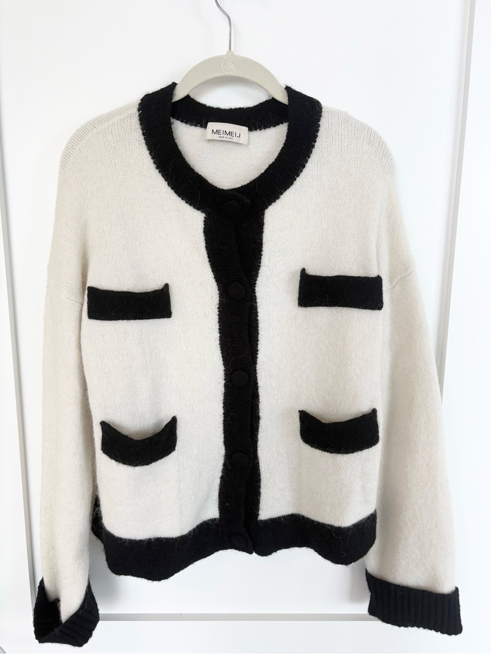 MEIMEIJ Made in Italy Cardigan TG46 Black Ivory Trim Alpaca Wool - XL